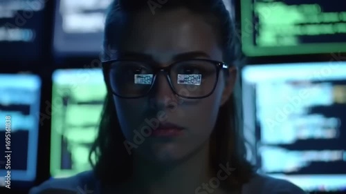 Woman focused on multiple screens in dark room