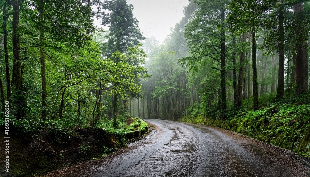 Obraz premium wet gravel road winding through a lush green forest during rainfall