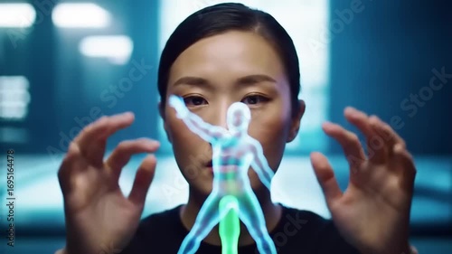 Woman interacting with holographic body