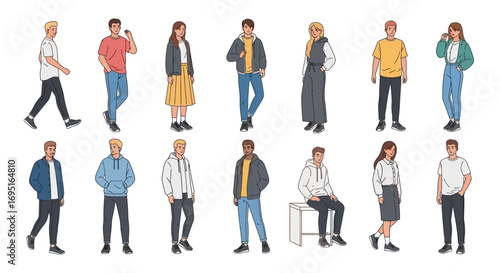 illustration, diverse group of young men and women in casual outfits, multiple poses, modern style, white background.