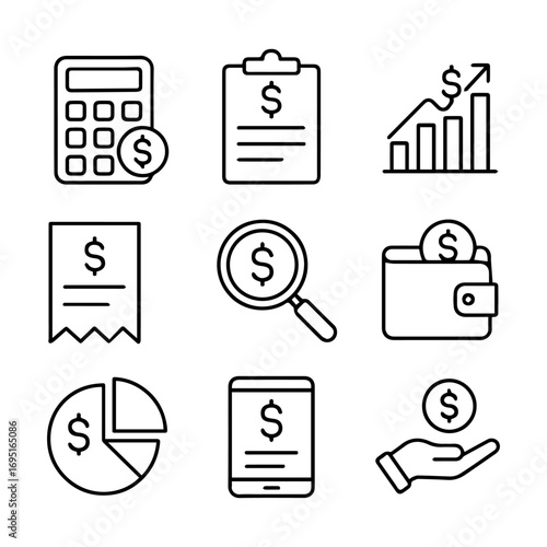Nine Linear Financial Icons Calculator Invoice Growth Chart and More.