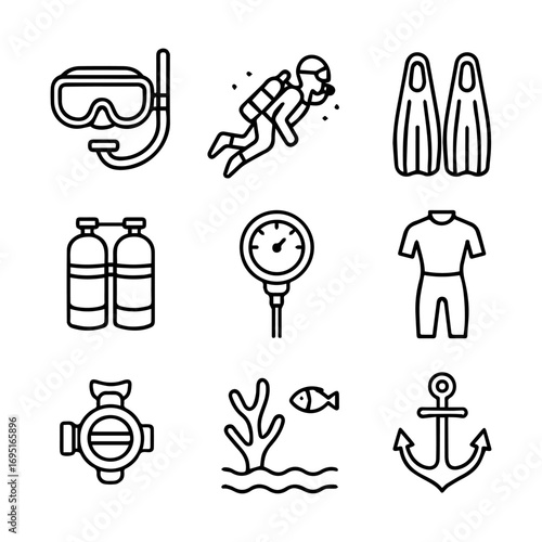 Scuba Diving Equipment Icons Mask Diver Fins Tanks Gauge Suit Regulator Coral Anchor.