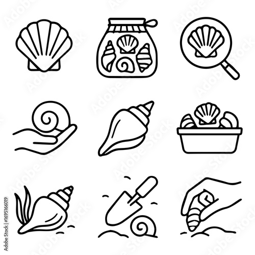 Seashell Collection Icon Set Diverse Shells Tools and Containers.