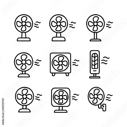 Assorted Electric Fan Icons Table Tower and WallMounted Cooling Devices.