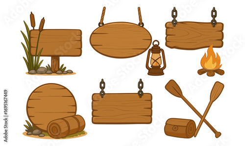 Rustic wooden signs with camping elements and lantern in cartoon style