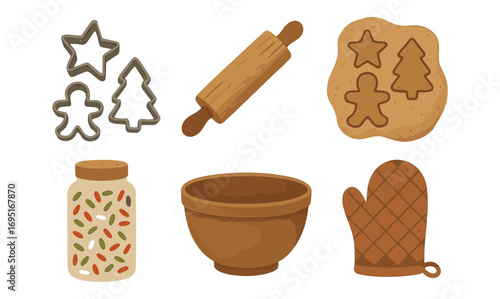 Christmas baking elements with cookie cutters, rolling pin, and festive accessories in retro style
