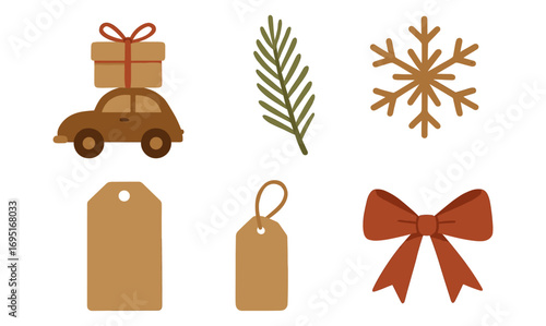 Festive minimalist christmas icons: car with gifts, fir branch, and snowflake