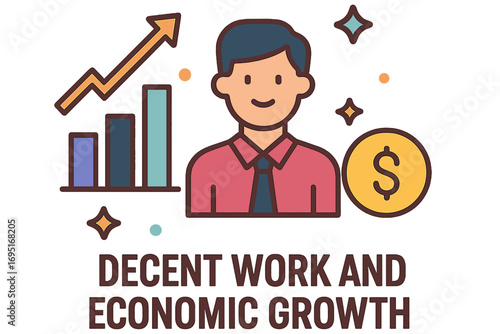 Businessman promoting decent work and economic growth with graphs Decent Work Economic Growth