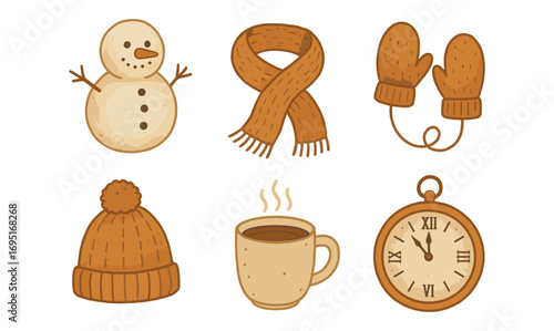 Cozy winter icons: snowman, scarf, mittens, hat, coffee, clock
