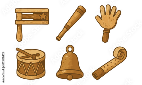Vintage toy icons set: wooden instruments and handcrafted fun