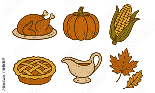 Rustic thanksgiving symbols: turkey, pumpkin, corn, pie, gravy, and leaves in vintage style