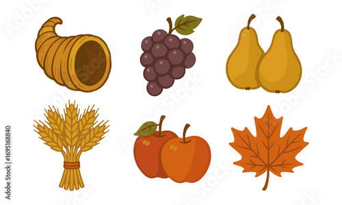 Autumn harvest elements: fruits, vegetables, and seasonal symbols