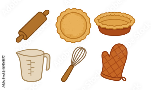 Baking tools and pie elements in flat cartoon style