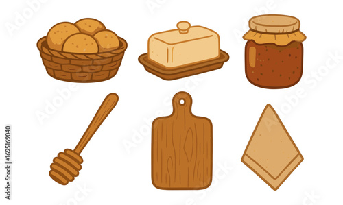Rustic breakfast elements: bread, butter, and honey with cutting board and napkin in retro style