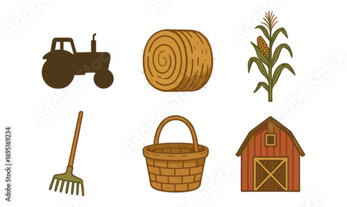 Rustic farm life collection: tractor, hay, corn, rake, basket, and barn icons
