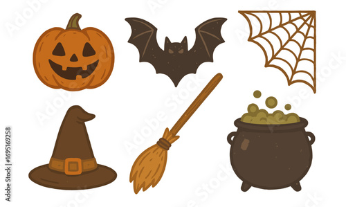 Halloween elements: pumpkin, bat, witch hat, cauldron, broom, and spiderweb design