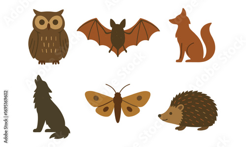 Woodland and nocturnal animal icons in retro rustic style