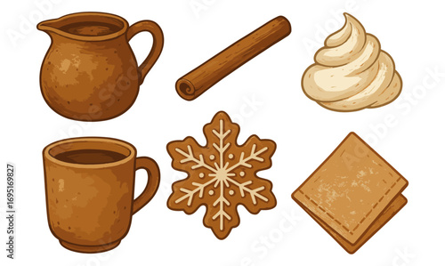 Cozy winter baking elements with hot drinks and sweets in rustic style