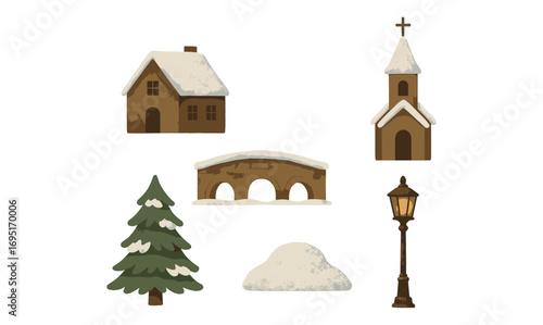 Rustic winter elements: snow-covered houses, bridge, and lamp post for seasonal design