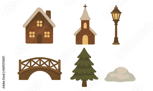 Charming winter village elements: rustic houses, church, and lantern