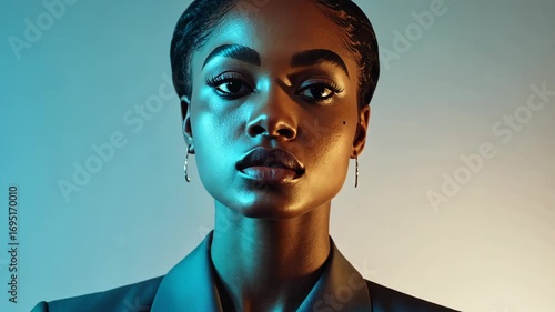 Cool-toned portrait of a woman against a blue gradient, sleek and modern aesthetic, stylish and high-fashion pose, editorial photography, clean and minimalistic