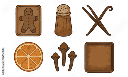 Gingerbread cookie elements with spices and citrus slice in vintage style