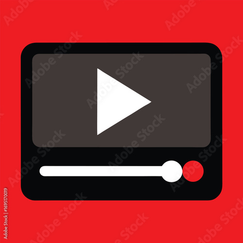flat video player window icon with play button and timeline control on red