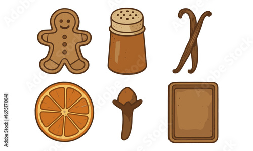 Festive holiday baking elements with gingerbread and spices