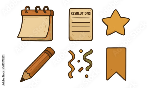 Hand drawn new year resolutions set with notebook, star, and pencil