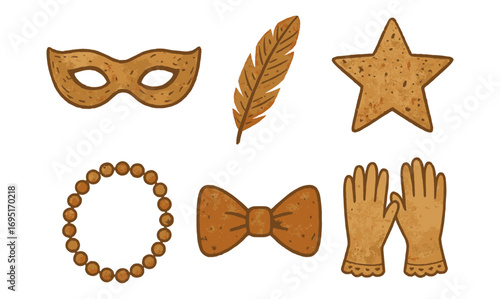 Vintage accessories collection: mask, feather, star, bracelet, bow tie, gloves