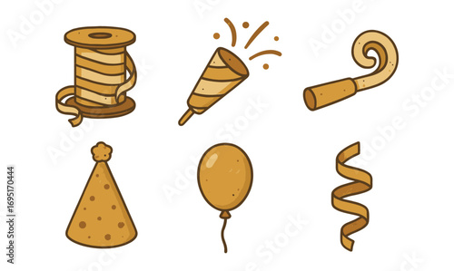 Celebration essentials in retro cartoon style featuring balloons and party hats