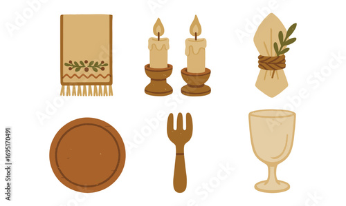 Rustic dining elements featuring candles and tableware in a cozy vintage style