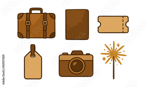 Vintage travel icons: camera, suitcase, ticket, sparkler in earthy tones