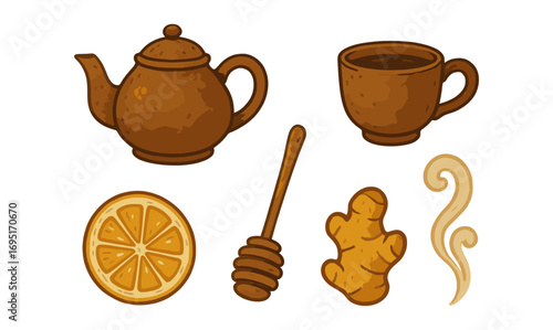 Cozy tea time elements: teapot, cup, honey, ginger, lemon slice, steam in warm tones