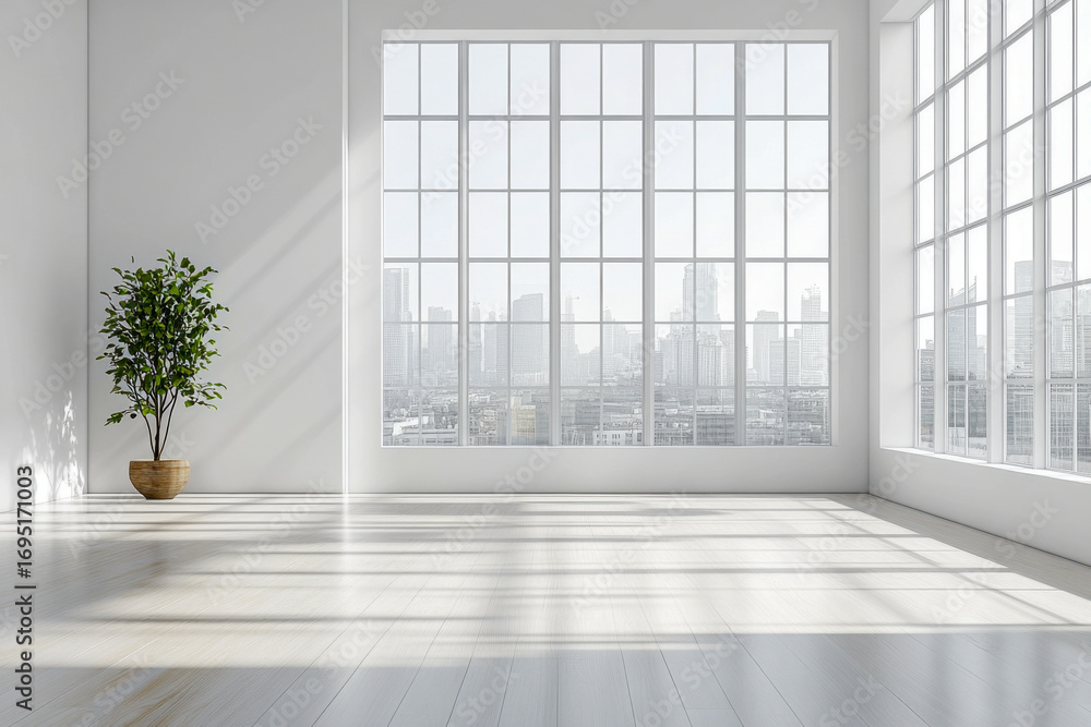 Fototapeta premium Bright empty modern room with large grid windows. Cityscape view. Sunlight casts strong shadows on white walls and light wooden floor. Green plant.