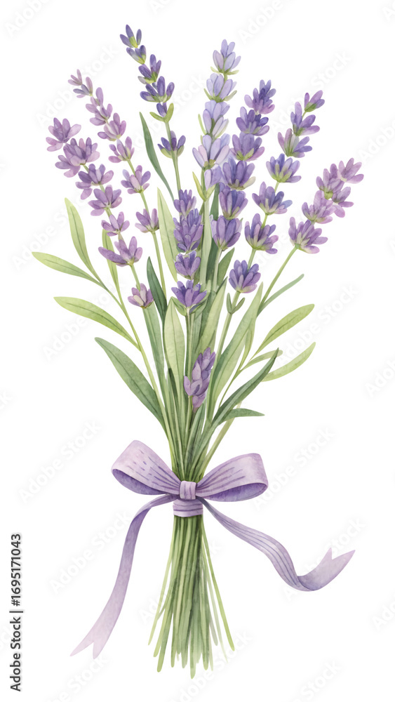 Fototapeta premium Watercolor lavender bouquet tied with purple ribbon isolated on black background botanical depiction