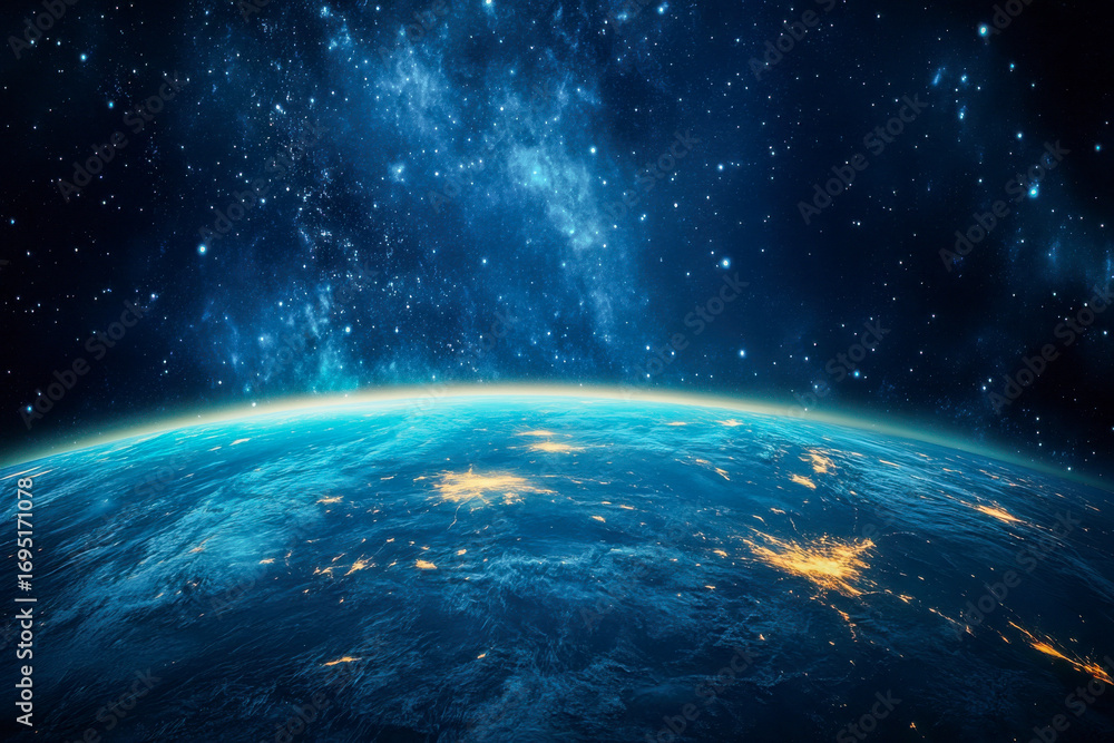 Obraz premium Panoramic view of planet Earth at night from dark space. Glowing city lights illuminate the blue horizon under a vast starry galaxy.