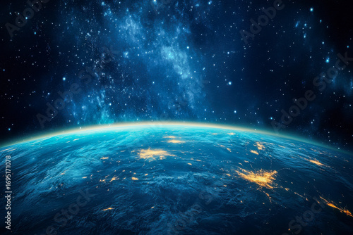 Panoramic view of planet Earth at night from dark space. Glowing city lights illuminate the blue horizon under a vast starry galaxy.