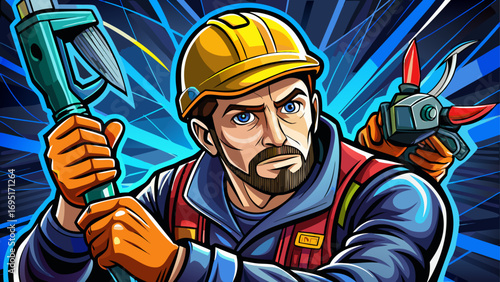 Close-up portrait of male electrician holding insulated pliers. Isolated background highlights safety, skill, and technical craft.