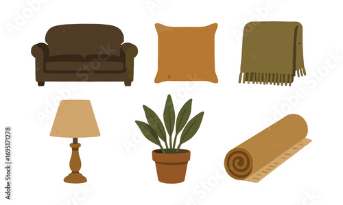 Rustic living room elements: couch, pillow, blanket, lamp, plant, rug
