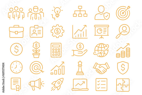 A set of editable stroke icons for business, featuring team, meeting, partnership, startup, planning, company, management, profit, and success key icons—a vector collection