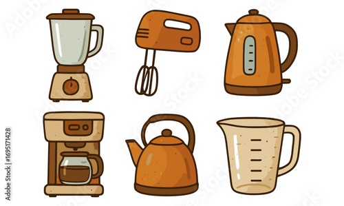 Retro kitchen appliance collection featuring hand-drawn blender, mixer, and kettle designs