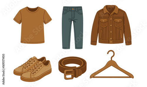 Casual outfit set featuring t-shirt, jeans, jacket, shoes, and accessories
