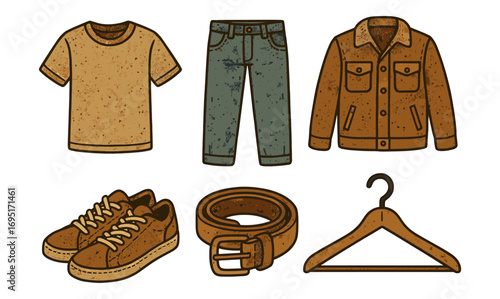 Casual outfit components: t-shirt, jeans, jacket, shoes, belt, hanger in textured style