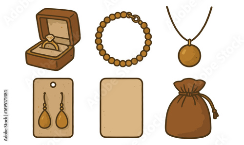 Hand drawn jewelry set with ring, bracelet, earrings, and necklace accessories