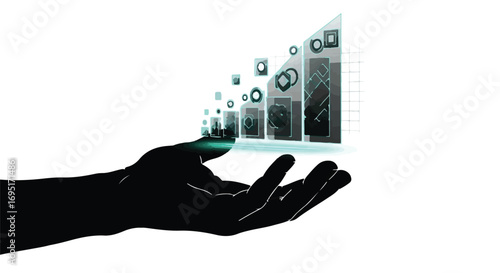 Hand presenting glowing digital data visualization, representing innovation and future technology.