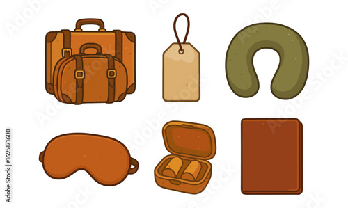 Essential travel items in modern flat design including luggage and accessories