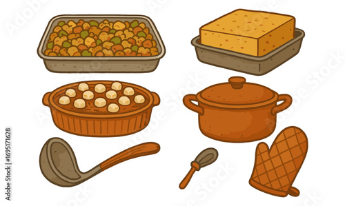 Thanksgiving feast preparation: casseroles, cornbread, and cookware essentials in rustic style