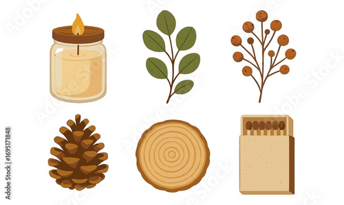Cozy autumn elements with candle, foliage, and wooden accents for seasonal decor