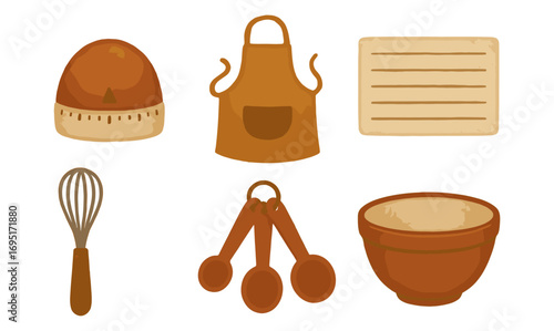Rustic kitchen tools set: timer, apron, recipe card, whisk, measuring spoons, bowl